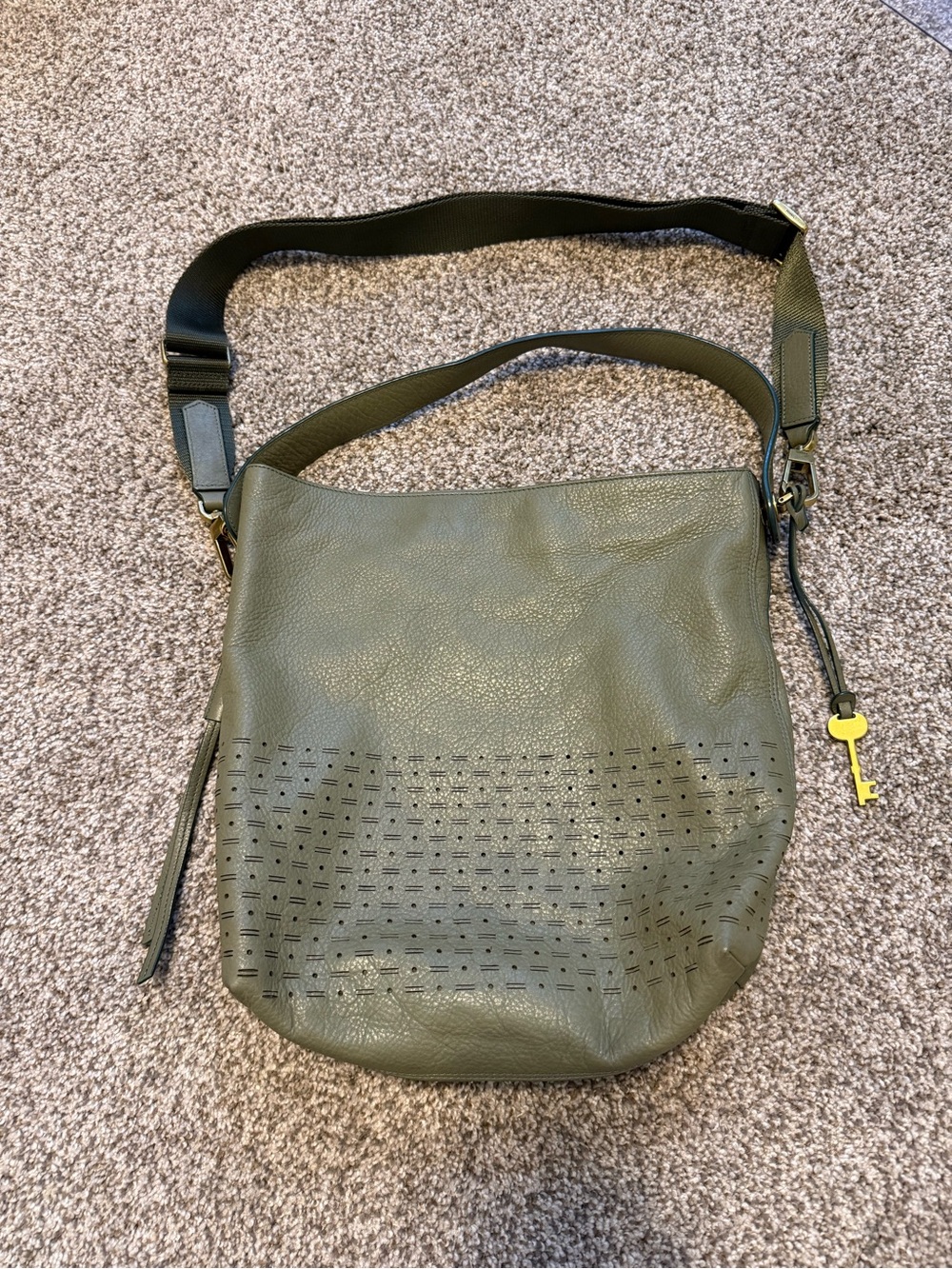 Fossil Maya Small Hobo Bag Olive Green "Bay Leaf" Perforated Leather Crossbody